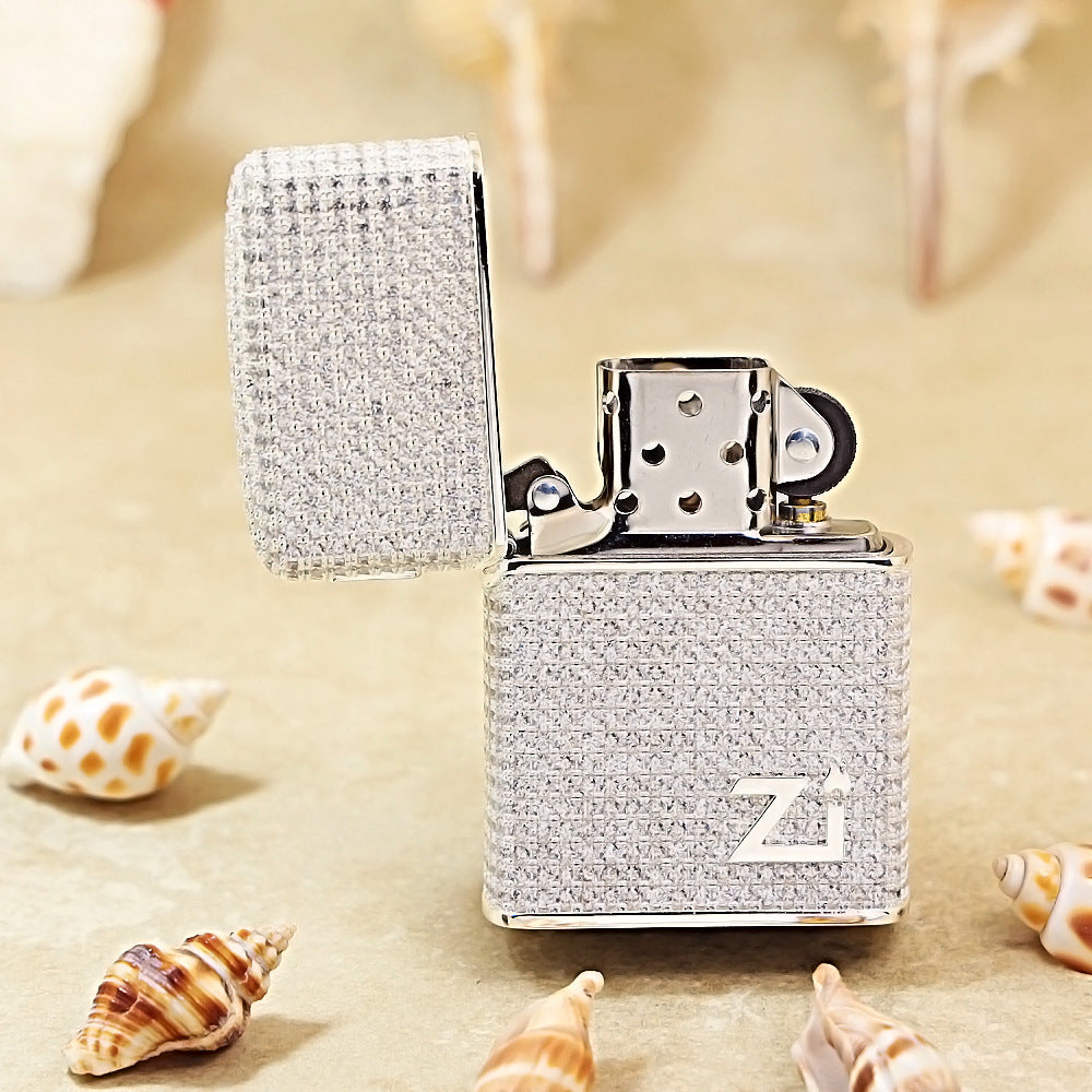 Zippo High-Polish Silver Full Crystal Pavé "Zi" Emblem Shell Lighter - CM102
