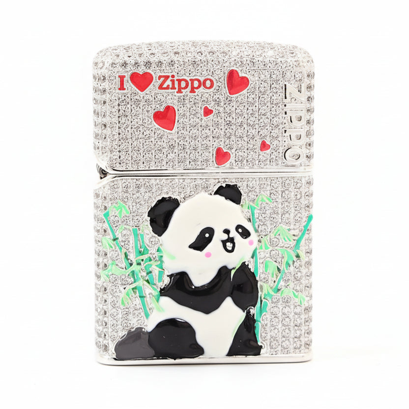 Zippo Silver-Plated Shell Full Diamond Panda and Bamboo Case - CM91