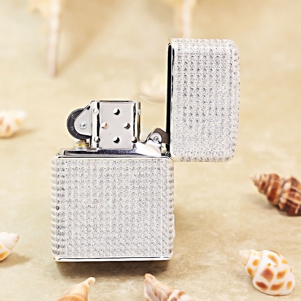 Zippo Silver-Plated Shell Full Diamond Panda and Bamboo Case - CM91