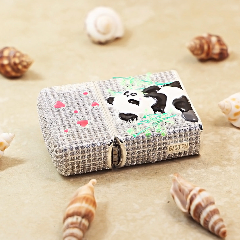 Zippo Silver-Plated Shell Full Diamond Panda and Bamboo Case - CM91