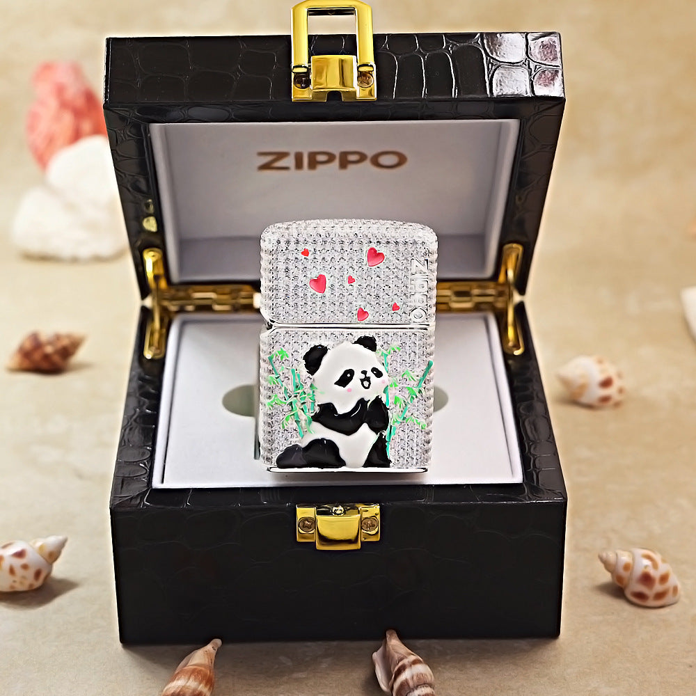 Zippo Silver-Plated Shell Full Diamond Panda and Bamboo Case - CM91