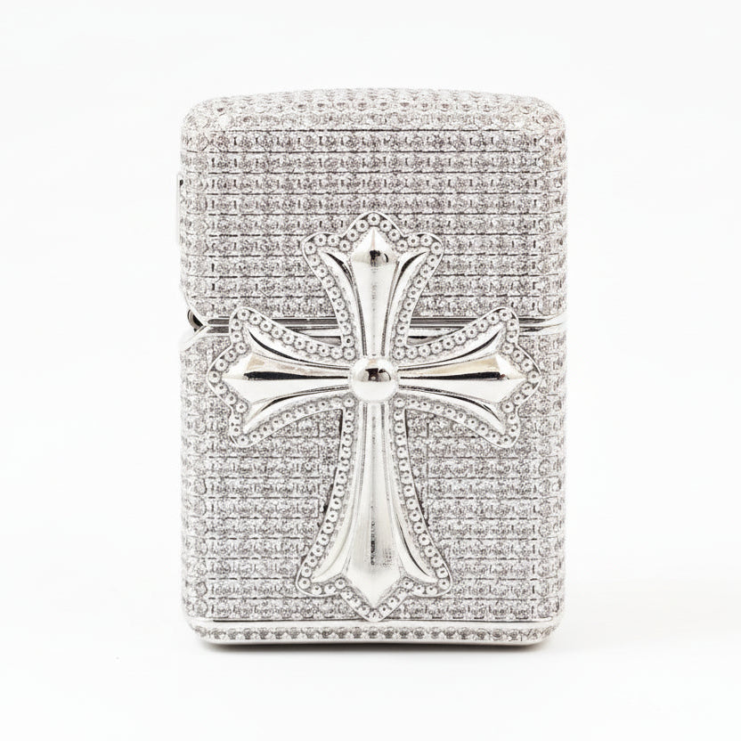 Zippo Silver Full Crystal Pavé Gothic Cross Emblem Shell Lighter - CM111