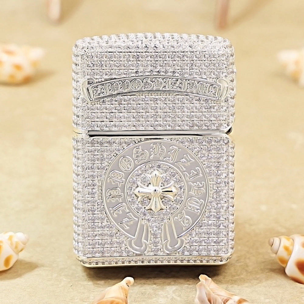 Zippo Silver Full Crystal Pavé Gothic Cross Emblem Shell Lighter - CM111