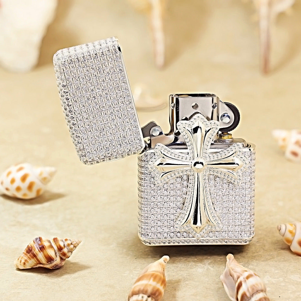 Zippo Silver Full Crystal Pavé Gothic Cross Emblem Shell Lighter - CM111