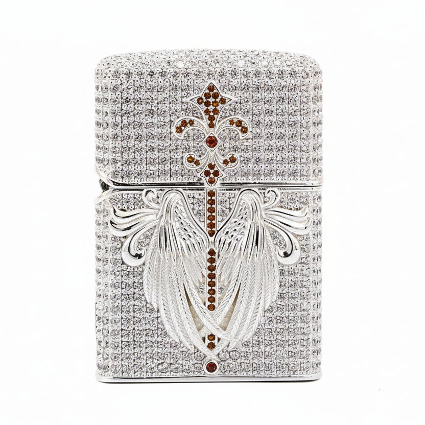 Zippo Silver Full Crystal Pavé Guardian Angel Wings and Fleur-de-lis Shell Lighter - CM110