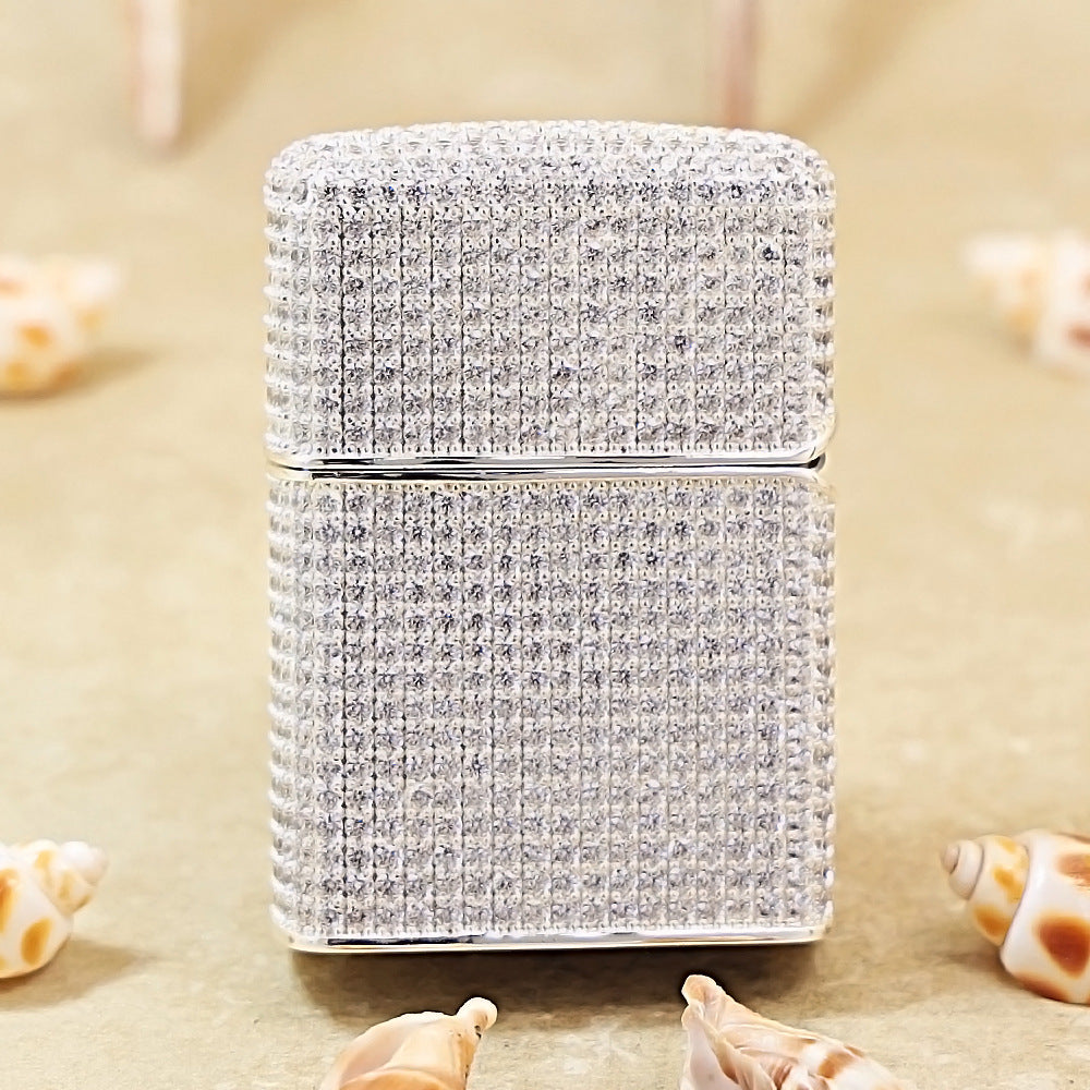 Zippo Silver Full Crystal Pavé Guardian Angel Wings and Fleur-de-lis Shell Lighter - CM110