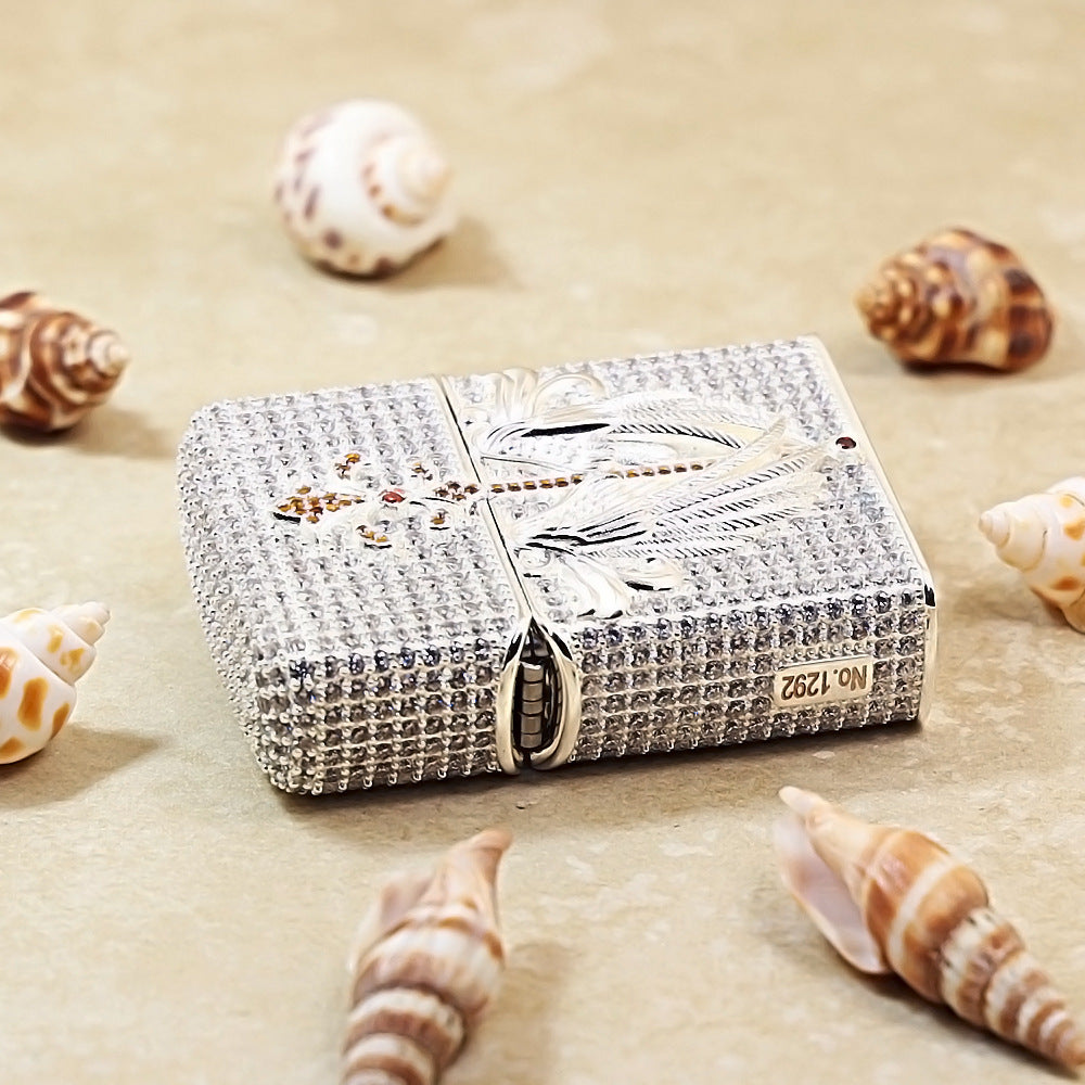 Zippo Silver Full Crystal Pavé Guardian Angel Wings and Fleur-de-lis Shell Lighter - CM110