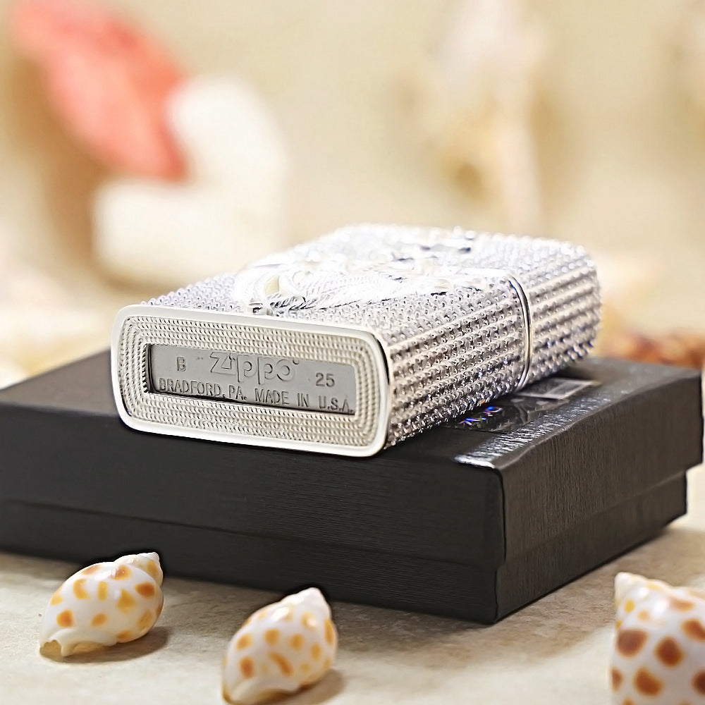 Zippo Silver Full Crystal Pavé Guardian Angel Wings and Fleur-de-lis Shell Lighter - CM110