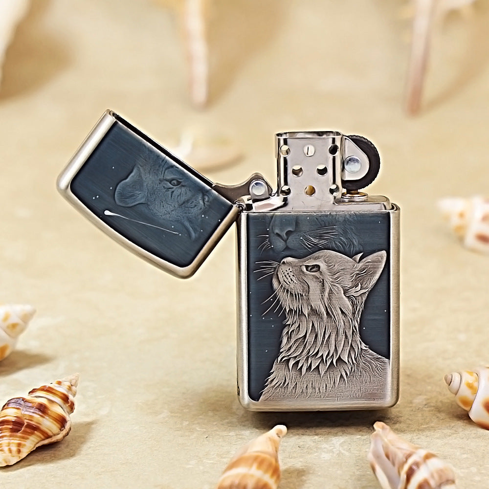 Zippo Slim Antique Silver Starry Sky Feline Spirit Shell Case - CM99
