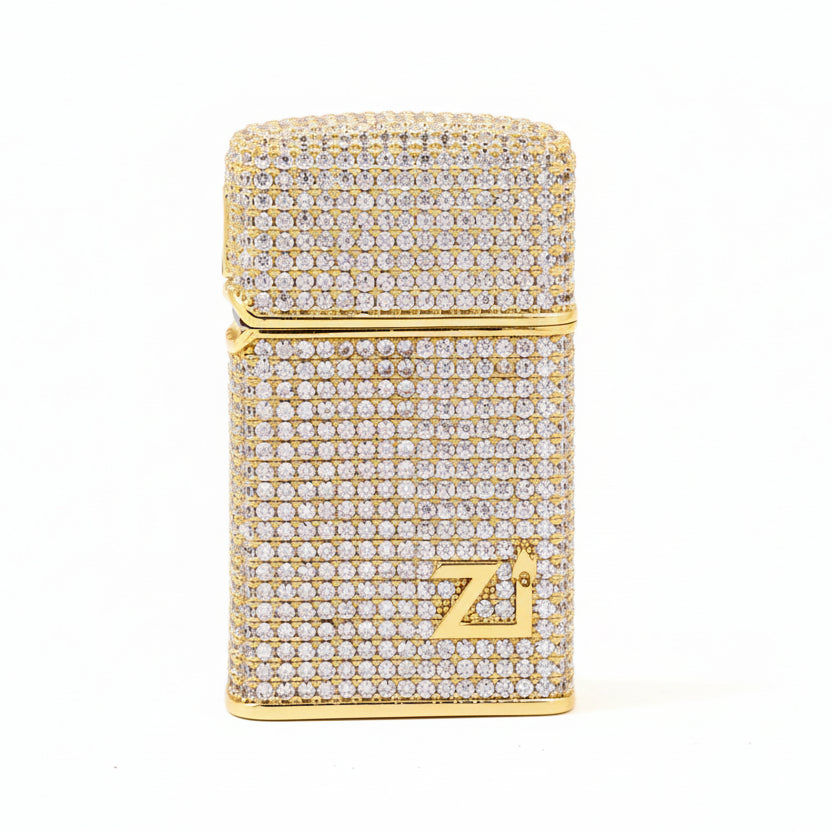 Zippo Slim Gold Full Crystal Pavé "Zi" Emblem Shell Lighter - CM100