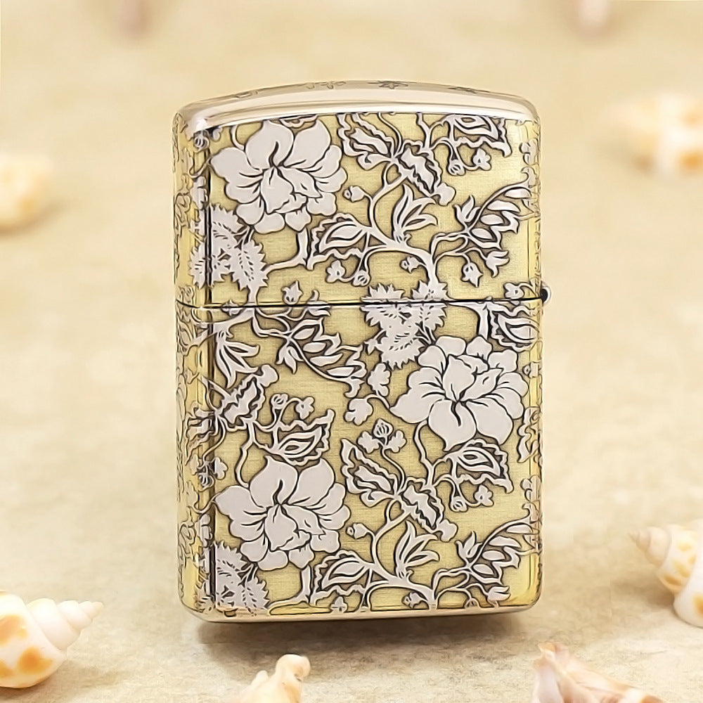 Zippo Brushed Brass Deep Carved Peony and Floral Scrollwork - SC21