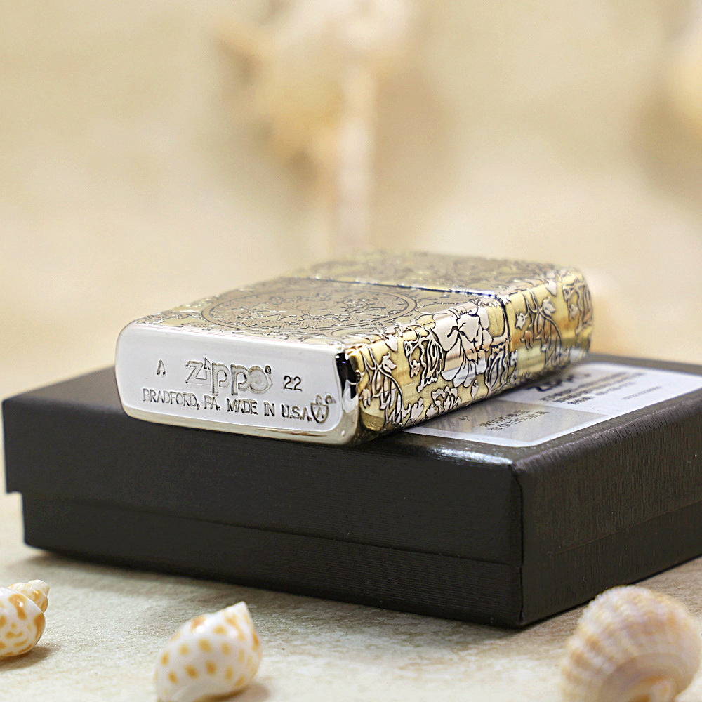 Zippo Brushed Brass Deep Carved Peony and Floral Scrollwork - SC21