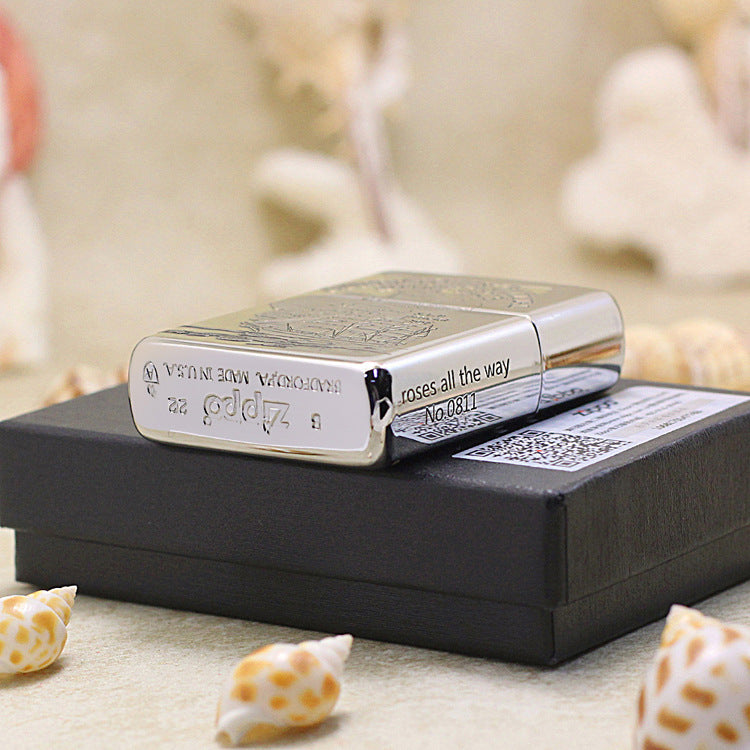 Zippo Brushed Chrome Deep Carved Nautical Chart and Sailing Ship - SC17