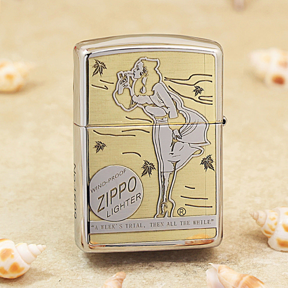 Zippo Brushed Chrome Deep Engraved Pin-Up Girl Smoking in the Wind - SC25