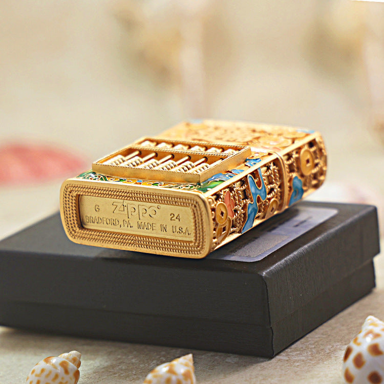 Zippo Heavy Relief Gold Abacus and Bringing in Wealth Emblem - CM05