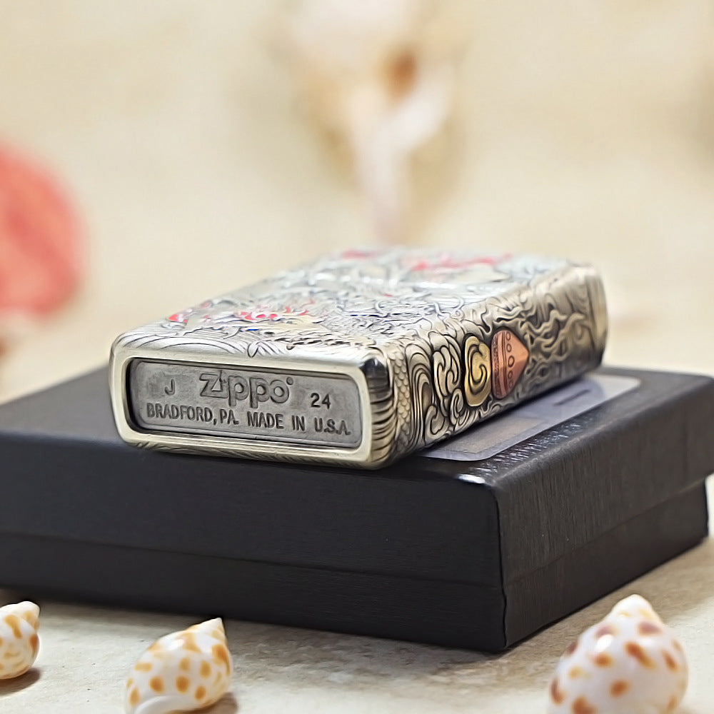 Zippo Heavy Relief Gold and Silver Coiling Dragon Prosperity Emblem - CM16