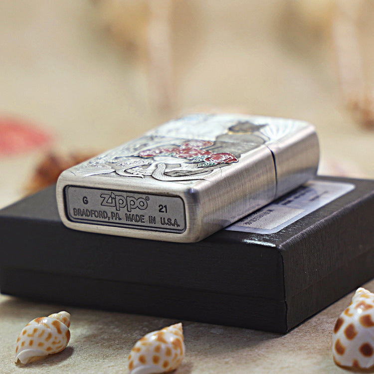 Zippo Heavy Relief Silver Broken Mirror Snake Cat Gothic Case - CM38