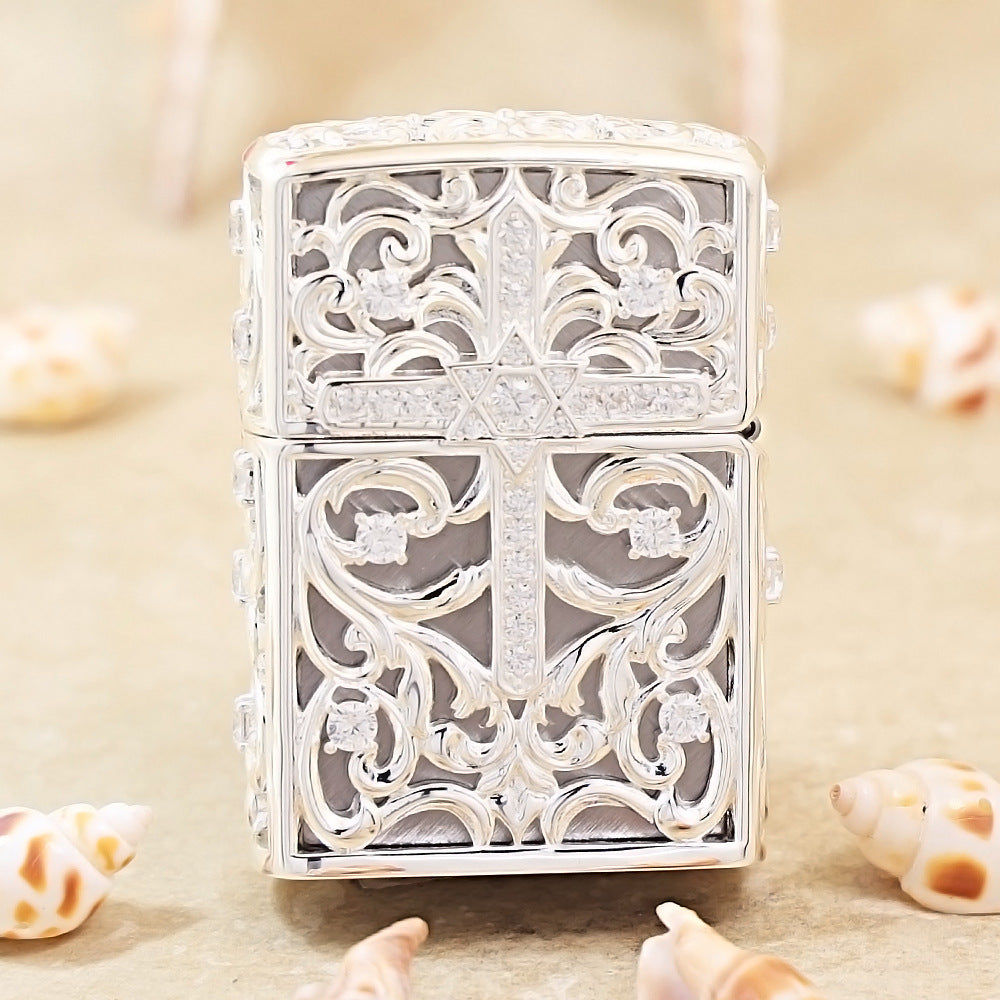 Zippo Heavy Relief Silver Openwork Diamond Cross Case - CM21