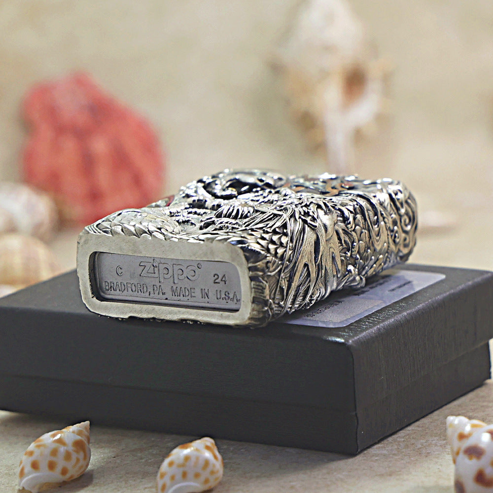 Zippo Heavy Relief Silver Panda and Dragon Battle Case Set - CM29