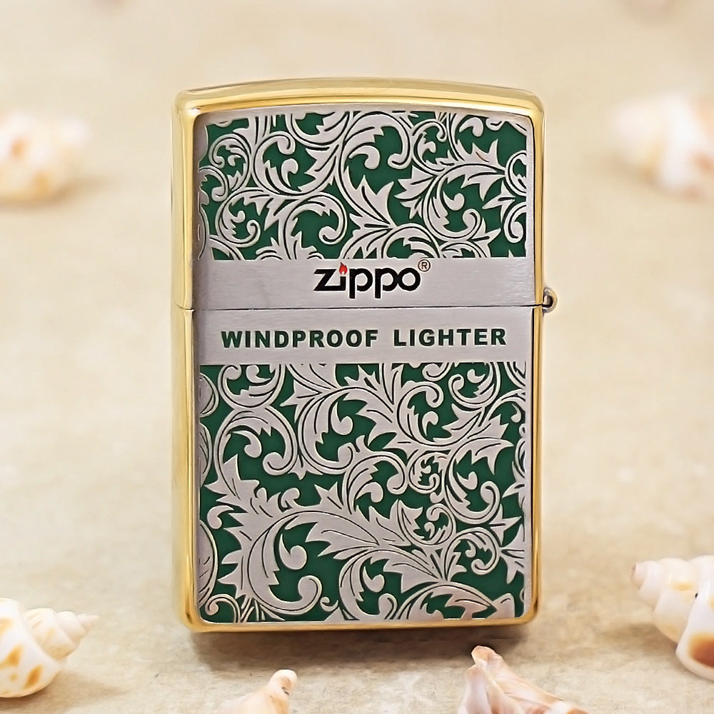 Zippo High Polish Brass Green Color Filled Arabesque Scroll - CS14