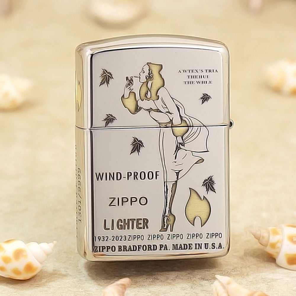 Zippo High Polish Chrome Engraved Pin-Up Girl with Falling Leaves - SC04